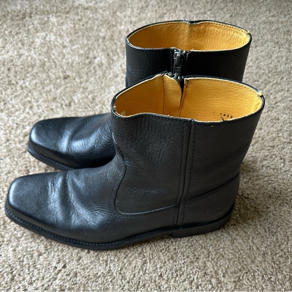 VINTAGE FRYE Square Black Leather Men's Zip Boots